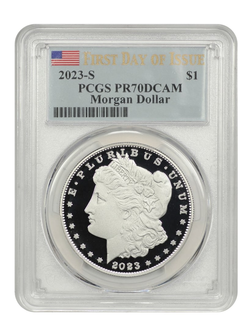 2023-S First Day of Issue PCGS PR70DCAM Morgan Dollar: 2023-S First Day of Issue PCGS PR70DCAM Morgan Dollar Experience the rare beauty of the 2023-S First Day of Issue PCGS PR70DCAM Morgan Dollar, certified by the prestigious Professional Coin Grading Se