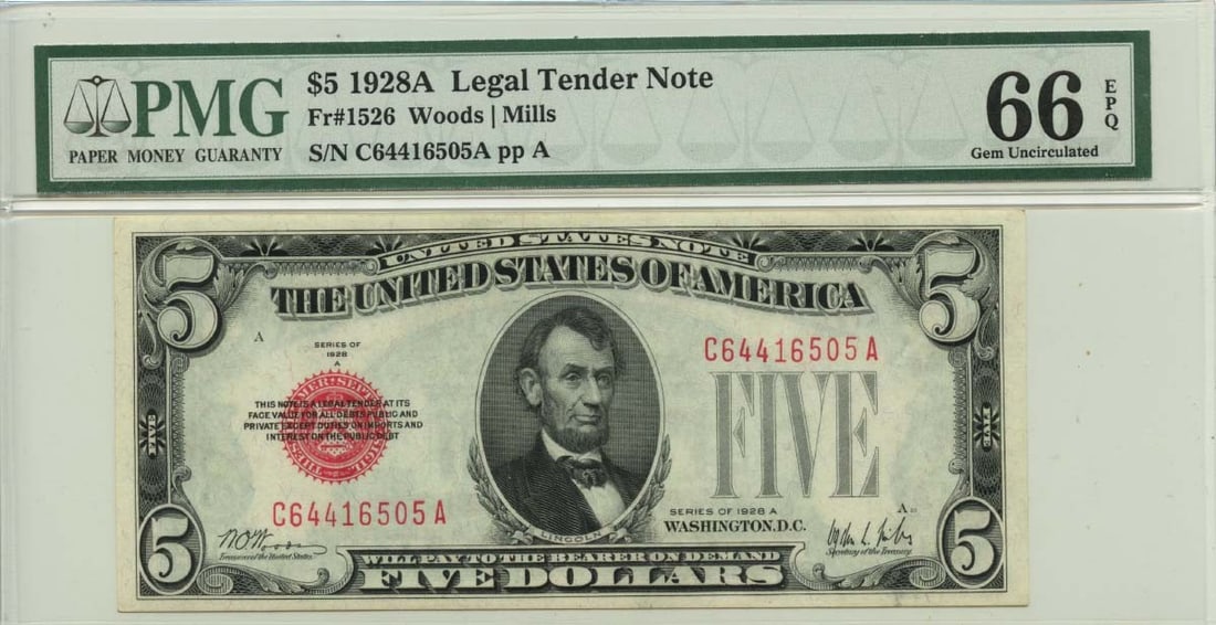 1928A $5 Legal Tender Note - PMG Gem66 EPQ #1526: 1928A $5 Legal Tender Note - PMG Gem66 EPQ #1526 Experience the elegance of the 1928A $5 Legal Tender Note, certified by PMG as MS66 Uncirculated and graded EPQ #1526. This rare gem is one of only a h