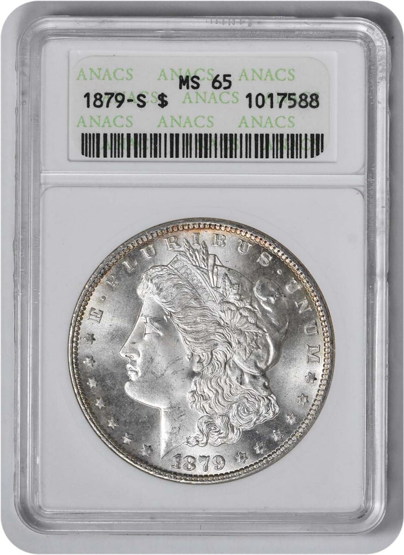 ANACS 1879-S Morgan Silver Dollar MS65: ANACS 1879-S Morgan Silver Dollar MS65 A stunning example of American numismatic history, the 1879-S Morgan Silver Dollar MS65 boasts exceptional condition and a rich silver content, making it a true