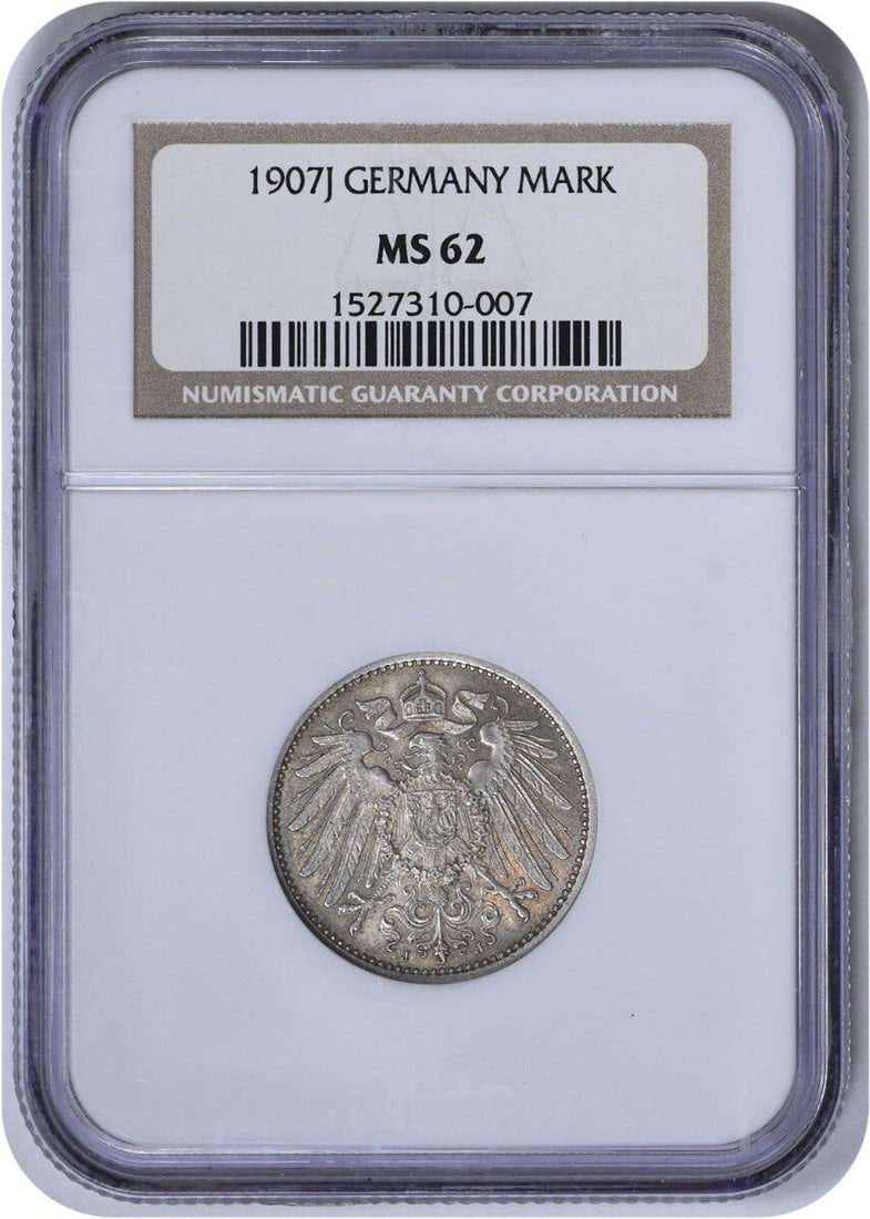 NGC 1907J Germany 1 Mark KM14 MS62: NGC 1907J Germany 1 Mark KM14 MS62 Experience the rich history of Germany with this stunning 1907 German Mark, certified MS62 by NGC. Striking in its silver composition and KM14 designation, this unci