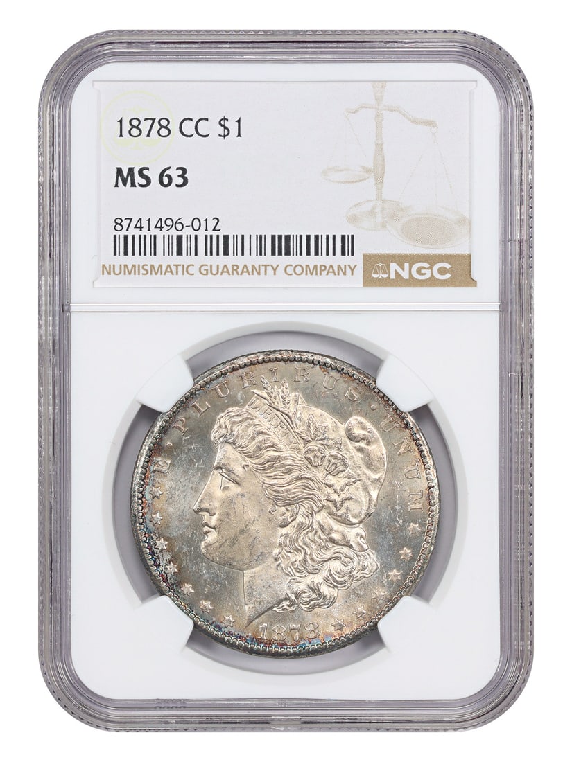 First-Year CC Morgan, 1878-CC $1 NGC MS63: First-Year CC Morgan, 1878-CC $1 NGC MS63 A rare and highly sought-after 1878 CC Morgan dollar, graded MS63 by the Numismatic Guaranty Corporation (NGC), boasts exceptional condition and authenticity.