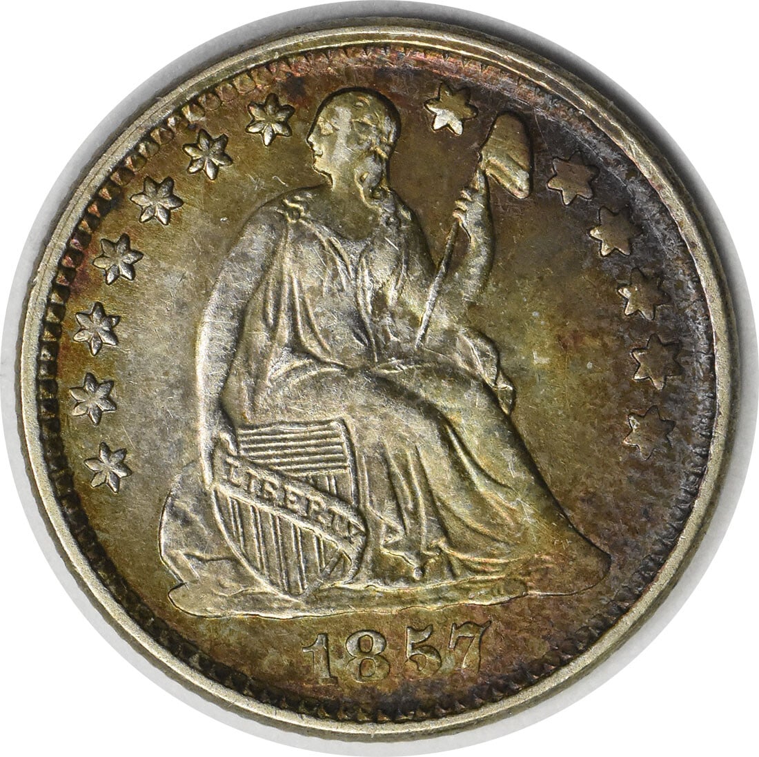 1857 Liberty Seated Silver Half Dime - AU Uncertified: 1857 Liberty Seated Silver Half Dime - AU Uncertified A rare and highly sought-after 1857 Liberty Seated Silver Half Dime, certified as AU Uncertified, is up for auction. This circulated coin boasts a