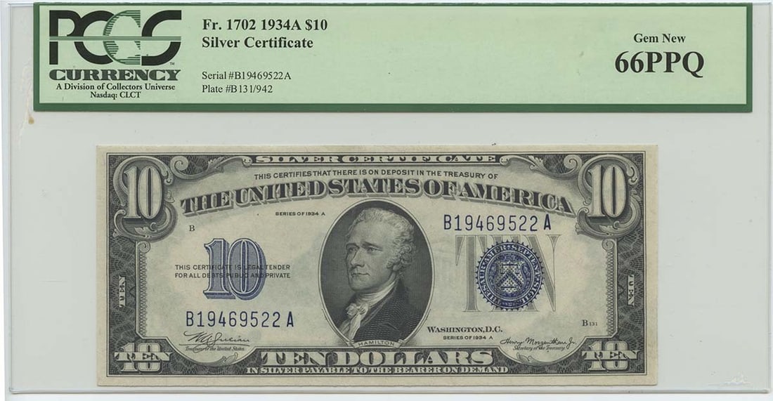 1934A $10 Silver Certificate, FR#1702, PCGS 66 Gem New PPQ: 1934A $10 Silver Certificate, FR#1702, PCGS 66 Gem New PPQ A rare and highly sought-after 1934 $10 Silver Certificate, graded MS66 Gem New by PCGS, boasts the coveted FR#1702 serial number. This uncir