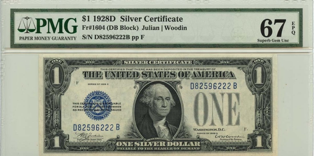 1928D $1 Silver Certificate with Blue Seal, PMG Superb 67 EPQ: 1928D $1 Silver Certificate with Blue Seal, PMG Superb 67 EPQ A rare and highly sought-after 1928D $1 Silver Certificate, graded MS67 by PMG, boasts stunning blue seal details that add to its allure.