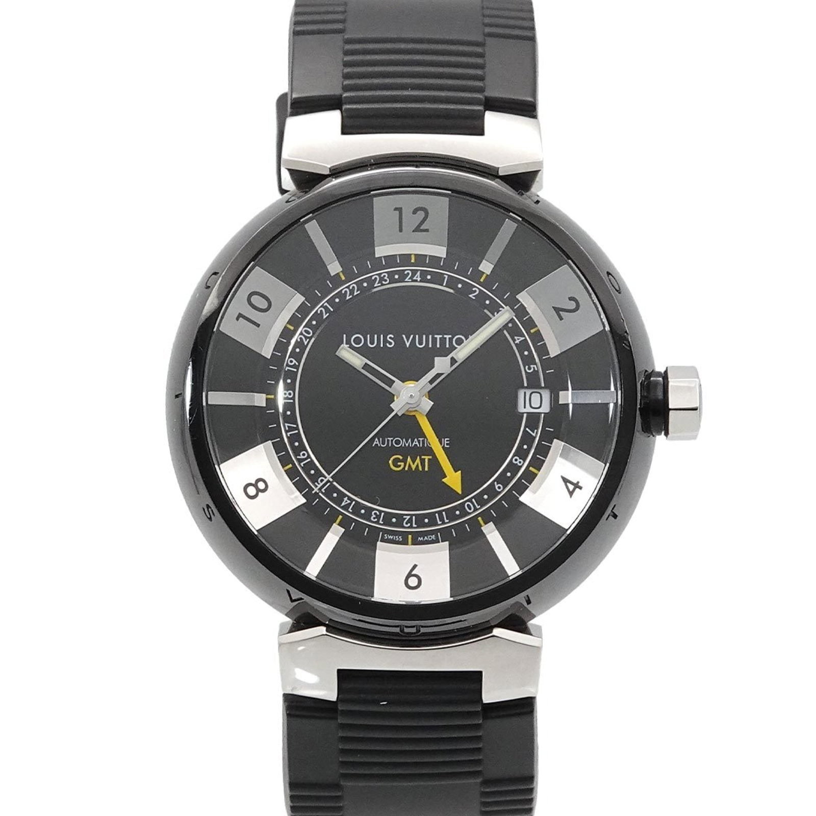 Wristwatch Louis Vuitton: Wristwatch Louis Vuitton A sleek and sophisticated timepiece, this Louis Vuitton wristwatch boasts a 41mm PVD case and rubber band, perfect for making a statement. With its black dial and subtle silve