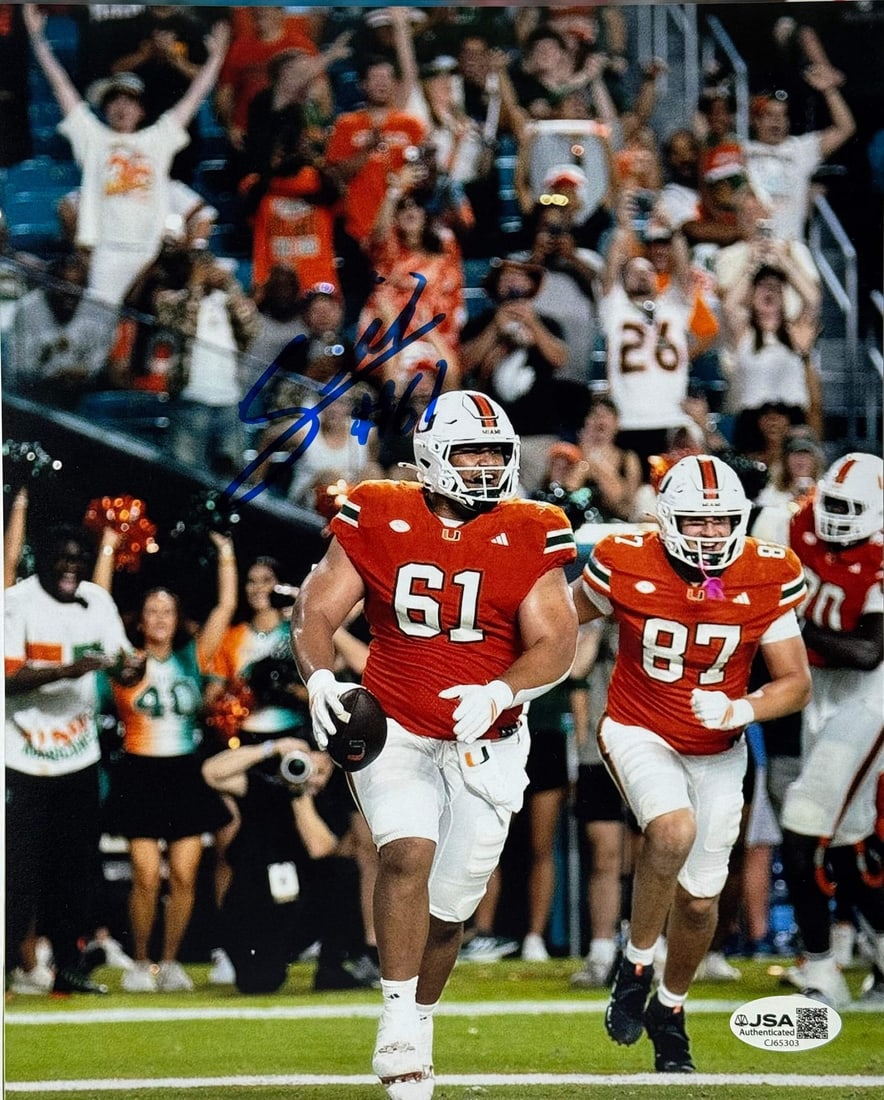 (JSA) Francis Mauigoa Autographed Miami Hurricanes 8x10 Photo: (JSA) Francis Mauigoa Autographed Miami Hurricanes 8x10 Photo Get ready to showcase your Miami Hurricanes pride with this authentic 8x10 photo of Francis Mauigoa, signed by the player himself in blue