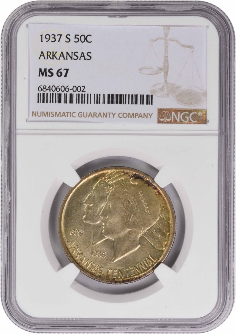 1937-S Arkansas Commemorative Silver Half Dollar MS67 NGC: 1937-S Arkansas Commemorative Silver Half Dollar MS67 NGC Experience the rare beauty of the 1937-S Arkansas Commemorative Silver Half Dollar, certified MS67 by NGC and showcasing exceptional uncircula