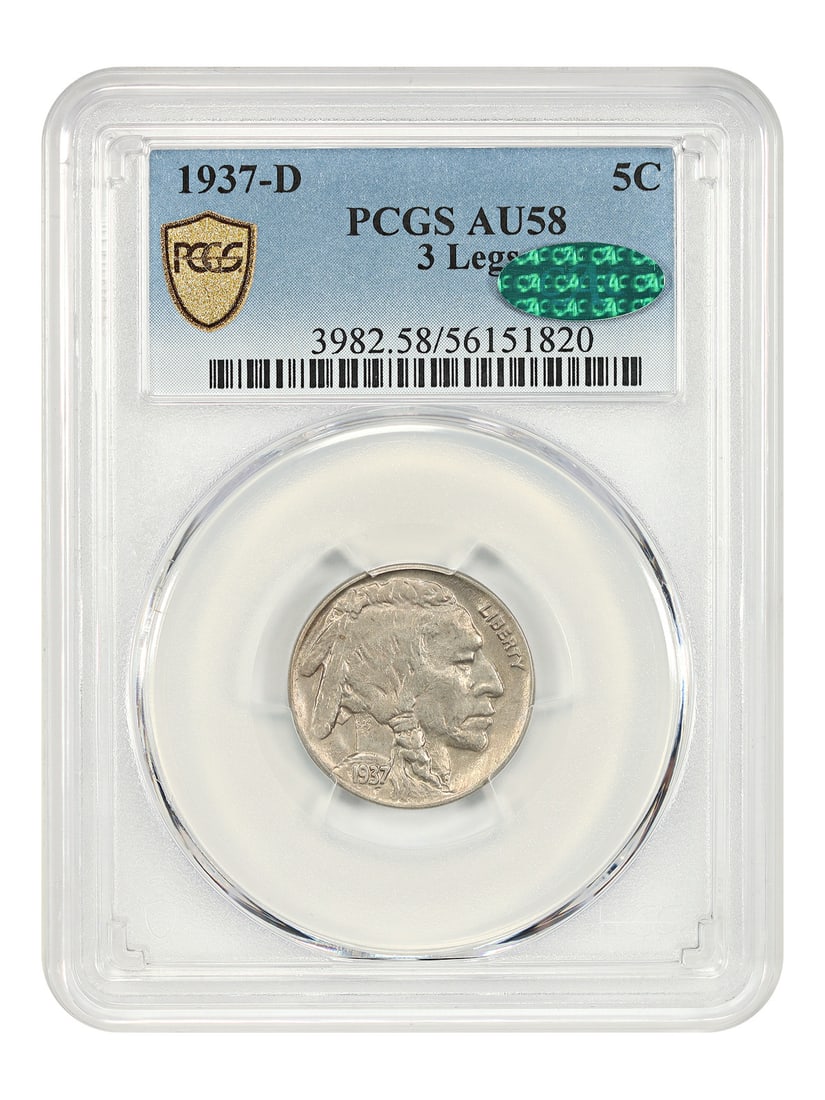 1937-D 5C PCGS/ CAC AU58 (3 Legs) - Buffalo Nickel Popular Scarce Variety: 1937-D 5C PCGS/ CAC AU58 (3 Legs) - Buffalo Nickel Popular Scarce Variety Rarity seekers, take note! This 1937-D Buffalo Nickel is a highly sought-after variety, with the distinctive three-legged desi