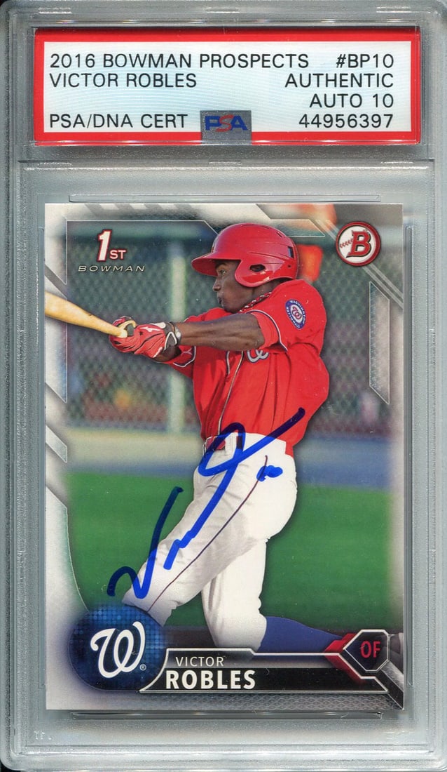 (PSA) Victor Robles Autographed 2016 Bowman Prospects Rookie Card: (PSA) Victor Robles Autographed 2016 Bowman Prospects Rookie Card Get ready to add a piece of baseball history to your collection! This PSA-graded Victor Robles autographed 2016 Bowman Prospects rooki