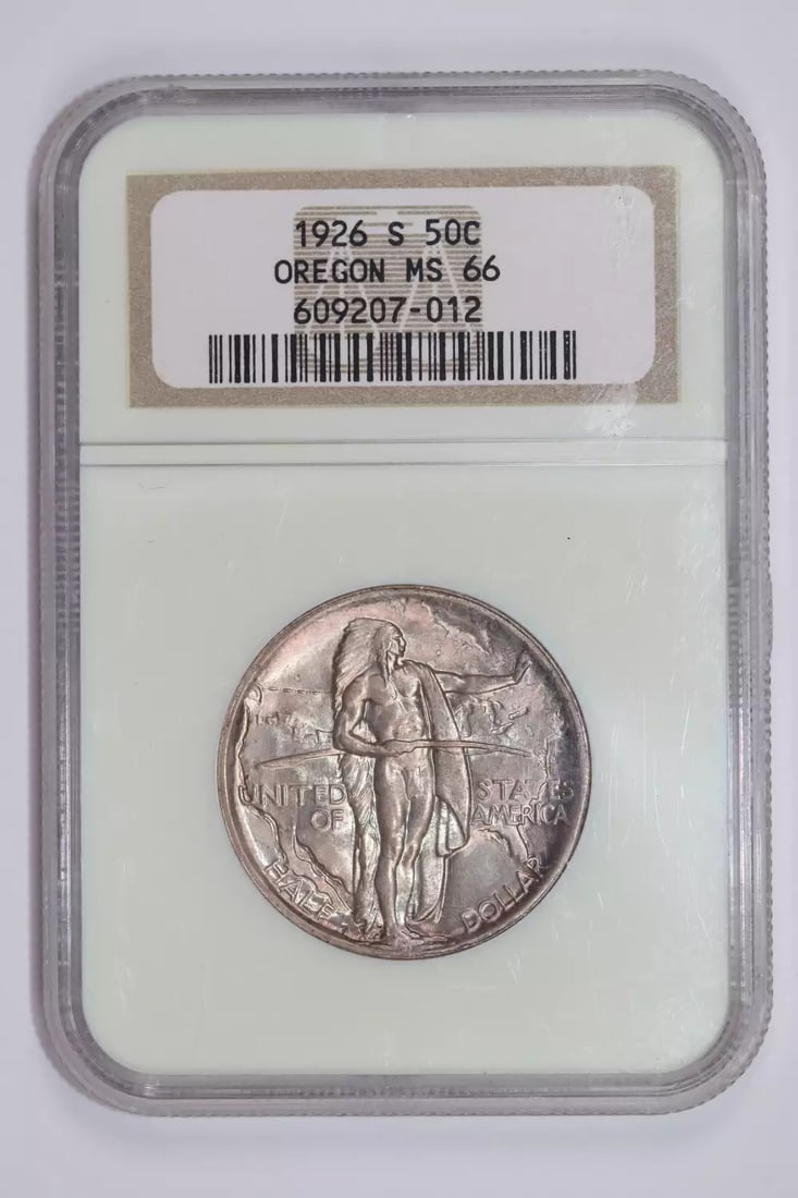 1926-S Oregon Trail Commemorative Half Dollar NGC MS66: 1926-S Oregon Trail Commemorative Half Dollar NGC MS66 Experience the rich history of America's pioneering spirit with this stunning 1926-S Oregon Trail Commemorative Half Dollar, certified by NGC as