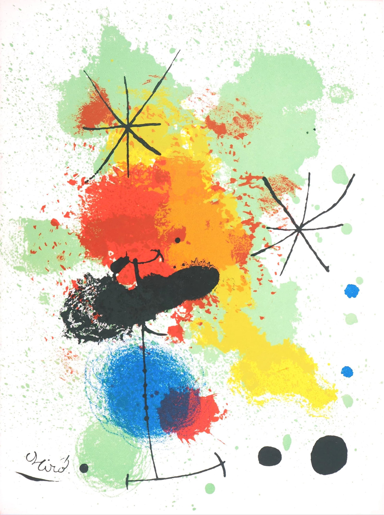 Joan Miro Composition (L'Atelier Mourlot, 1965): Joan Miro Composition (L'Atelier Mourlot, 1965) Experience the dreamlike abstraction of Joan Miro's Composition, created in 1965 for the album Les Lithographies de L'Atelier Mourlot. This vibrant lith