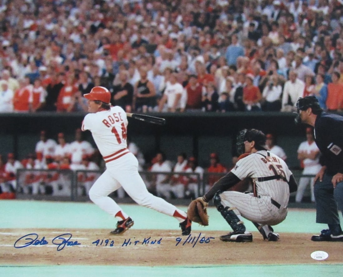 Pete Rose Autographed 16x20 Photo - Cincinnati Reds (JSA 177234): Pete Rose Autographed 16x20 Photo - Cincinnati Reds (JSA 177234) Meet the iconic Pete Rose, one of baseball's greatest legends, in stunning 16x20 photo form. Authenticated by the JSA (James Spence Aut