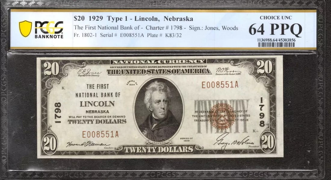 1929 $20 First National Banknote Lincoln Nebraska PCGS CU 64 PPQ (FR.1802-1): 1929 $20 First National Banknote Lincoln Nebraska PCGS CU 64 PPQ (FR.1802-1) A rare and highly sought-after 1929 $20 bill from the First National Bank of Lincoln, Nebraska, graded by PCGS as EPQ/PPQ 6