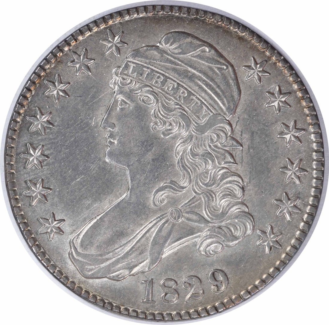 1829 Bust Silver Half Dollar - AU Slider - Uncertified: 1829 Bust Silver Half Dollar - AU Slider - Uncertified Experience the beauty of American numismatics with this stunning 1829 Bust Silver Half Dollar, graded AU and certified by the US Mint as circulat