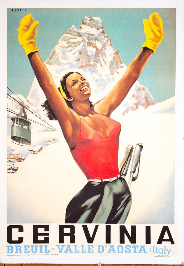 1970S Printing - Vintage Italian Ski Poster Cervinia By Arnaldo Musati: 1970S Printing - Vintage Italian Ski Poster Cervinia By Arnaldo Musati Experience the vibrant spirit of 1970s Italian travel posters with this stunning vintage Cervinia ski poster by Arnaldo Musati, c