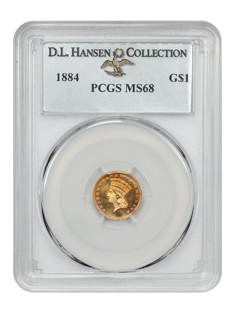 1884 G$1 PCGS MS68 Ex D.L. Hansen: 1884 G$1 PCGS MS68 Ex D.L. Hansen Experience the exceptional rarity of the 1884 G$1 Gold Dollar, certified MS68 by PCGS. With its pristine condition and stunning grade, this coin is a true treasure fo