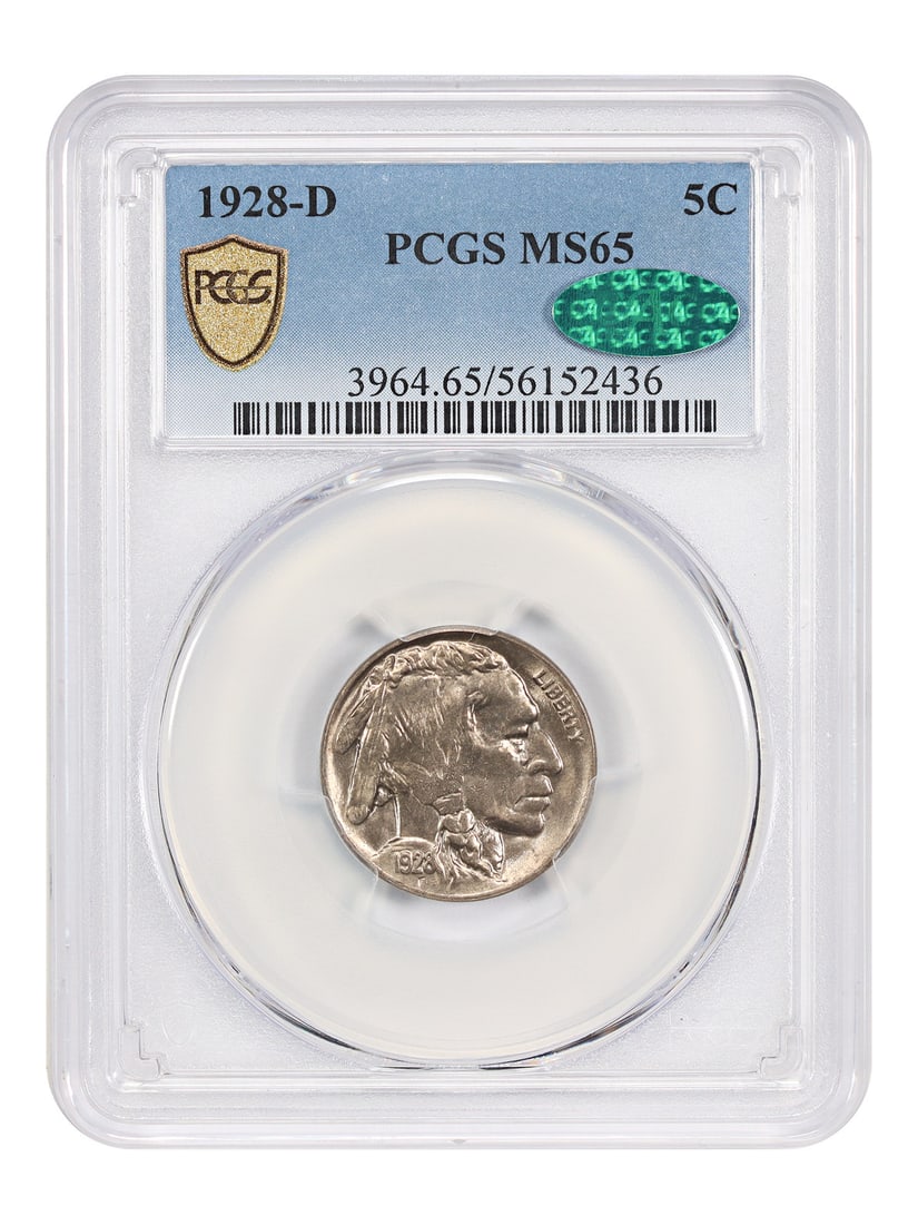 1928-D Buffalo Nickel MS65 PCGS/ CAC: 1928-D Buffalo Nickel MS65 PCGS/ CAC A rare gem from the early days of American coinage, this 1928-D Buffalo Nickel boasts an impressive MS65 grade from PCGS and CAC, showcasing exceptional strike qua
