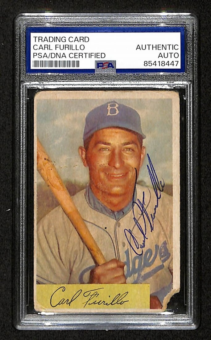 194818 Carl Furillo Signed/ Auto 1954 Bowman Card #122 Brooklyn Dodgers PSA/ DNA: 194818 Carl Furillo Signed/ Auto 1954 Bowman Card #122 Brooklyn Dodgers PSA/ DNA Get ready to relive the magic of 1950s baseball with this extremely rare Carl Furillo signed autograph card from 1948 B