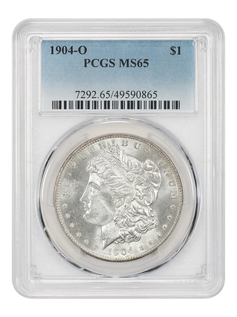 1904-O $1 PCGS MS65 - Morgan Dollar Final Year O-Mint: 1904-O $1 PCGS MS65 - Morgan Dollar Final Year O-Mint Experience the rare final year of the Morgan Dollar series with this 1904-O $1 coin, certified MS65 by PCGS. Struck at the New Orleans Mint and bo