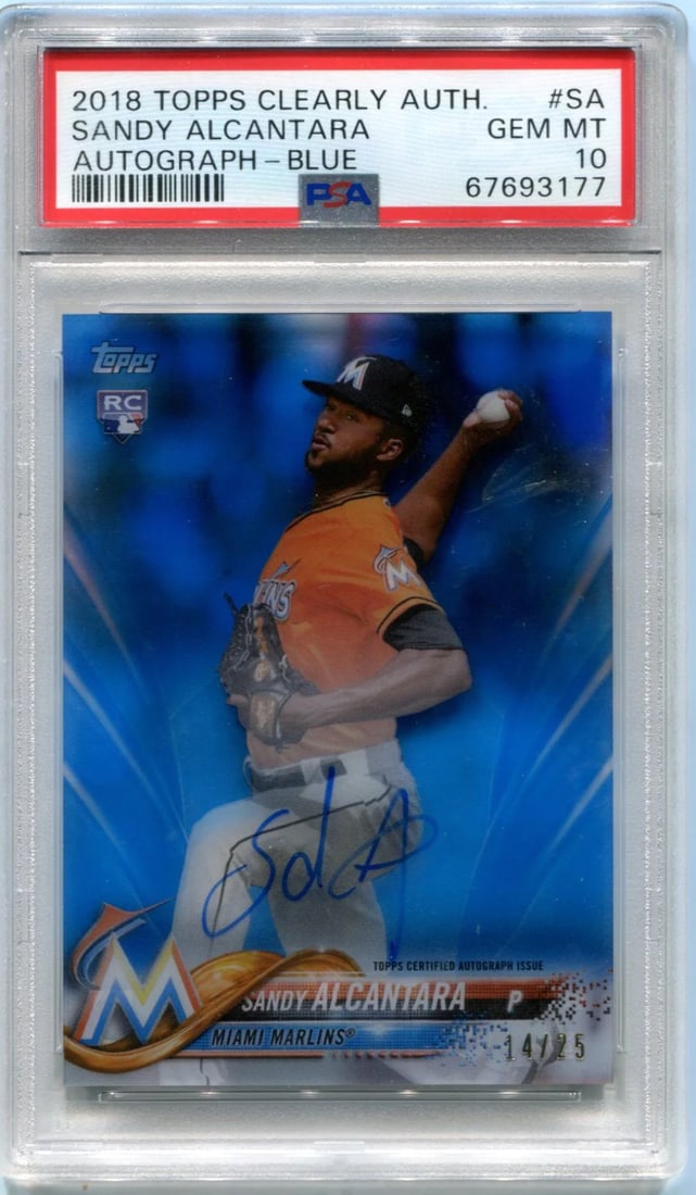 10 2018 Topps Clearly Authentic Sandy Alcantara Auto Blue 14/ 25 PSA: 10 2018 Topps Clearly Authentic Sandy Alcantara Auto Blue 14/ 25 PSA Get ready to collect with the 2018 Topps Clearly Authentic Sandy Alcantara Auto Blue, graded PSA 10. This highly sought-after autog