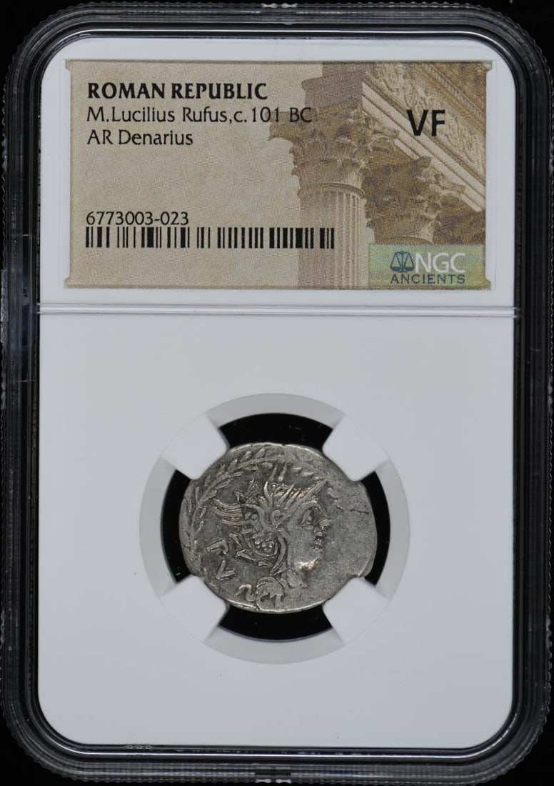 M.Lucilius Rufus Roman Republic 101 BC Ar Denarius NGC VF20: M.Lucilius Rufus Roman Republic 101 BC Ar Denarius NGC VF20 Experience the majesty of ancient Rome with this stunning Ar Denarius, minted in 101 BC during the Roman Republic era. Certified by NGC and