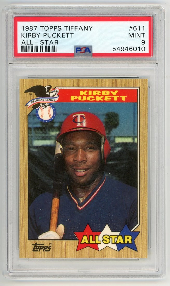 9 Kirby Puckett 1987 Topps Tiffany All-star #611 PSA MT: 9 Kirby Puckett 1987 Topps Tiffany All-star #611 PSA MT Rarity seekers, take note! This 1987 Topps Tiffany All-star card featuring the legendary Kirby Puckett is a true treasure for any baseball colle