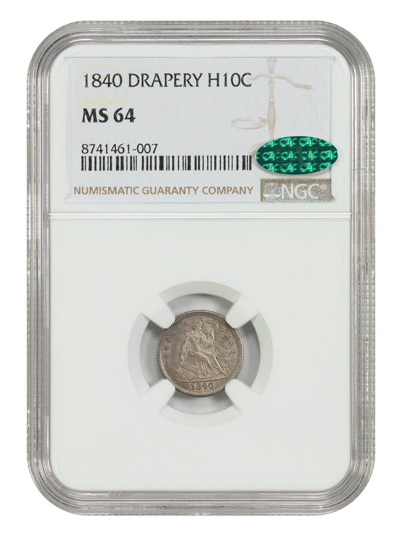 1840 H10C MS64 Liberty Seated Half Dime with Drapery: 1840 H10C MS64 Liberty Seated Half Dime with Drapery Experience the elegance of the Liberty Seated Half Dime, minted in 1840 and graded MS64 by the NGC. This stunning coin boasts intricate details,
