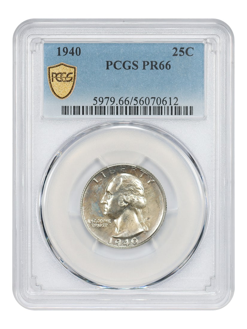 Washington Quarter - 1940 25C PCGS PR66: Washington Quarter - 1940 25C PCGS PR66 A rare gem from the early days of American coinage, this 1940 Washington Quarter boasts a stunning PCGS PR66 grade, indicating exceptional condition and luster.