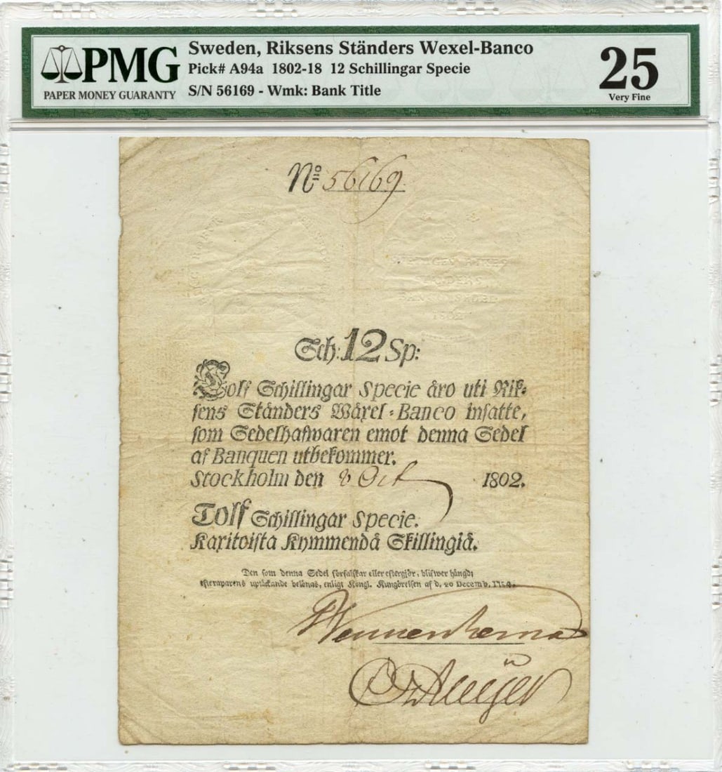 Riksens Standers Wexel-Banco PMG VF25 - 1802-18 12 Schillingar Specie Sweden: Riksens Standers Wexel-Banco PMG VF25 - 1802-18 12 Schillingar Specie Sweden Experience the rich history of Sweden with this 1802-18 12 Schillingar Specie, graded VF25 by PMG, one of the most respecte