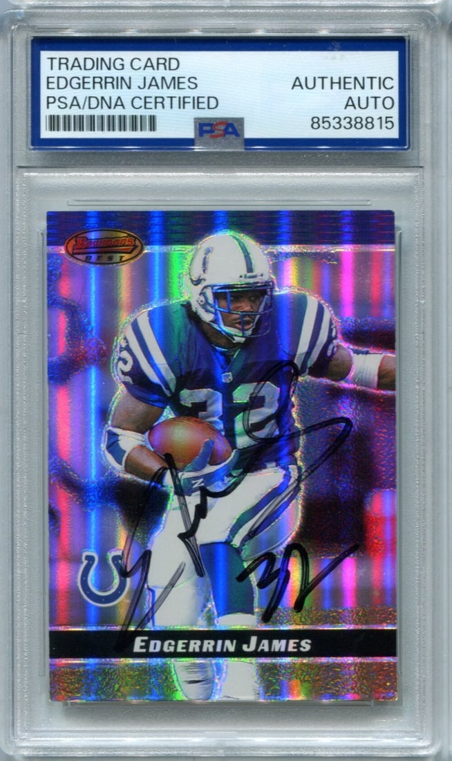 Card Edgerrin James 2000 Topps Bowmans #49 PSA Auto Auth: Card Edgerrin James 2000 Topps Bowmans #49 PSA Auto Auth Get ready to relive the excitement of the 2000 NFL season with this iconic Card Edgerrin James 2000 Topps Bowmans #49, authenticated by PSA Aut