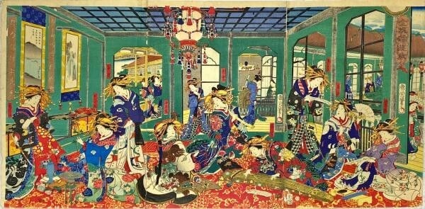 triptych Kunichika Japan Antique Woodblock Prints luxurious hair ornament Koto: triptych Kunichika Japan Antique Woodblock Prints luxurious hair ornament Koto A stunning triptych of Japanese woodblock prints, adorned with intricate designs and vibrant colors, adorns this luxuriou