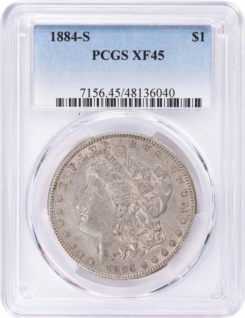 1884-S Morgan Silver Dollar - EF45 PCGS: 1884-S Morgan Silver Dollar - EF45 PCGS Experience the majesty of the 1884-S Morgan Silver Dollar, a true classic in American numismatics. This exquisite coin boasts an impressive EF45 grade from PCGS
