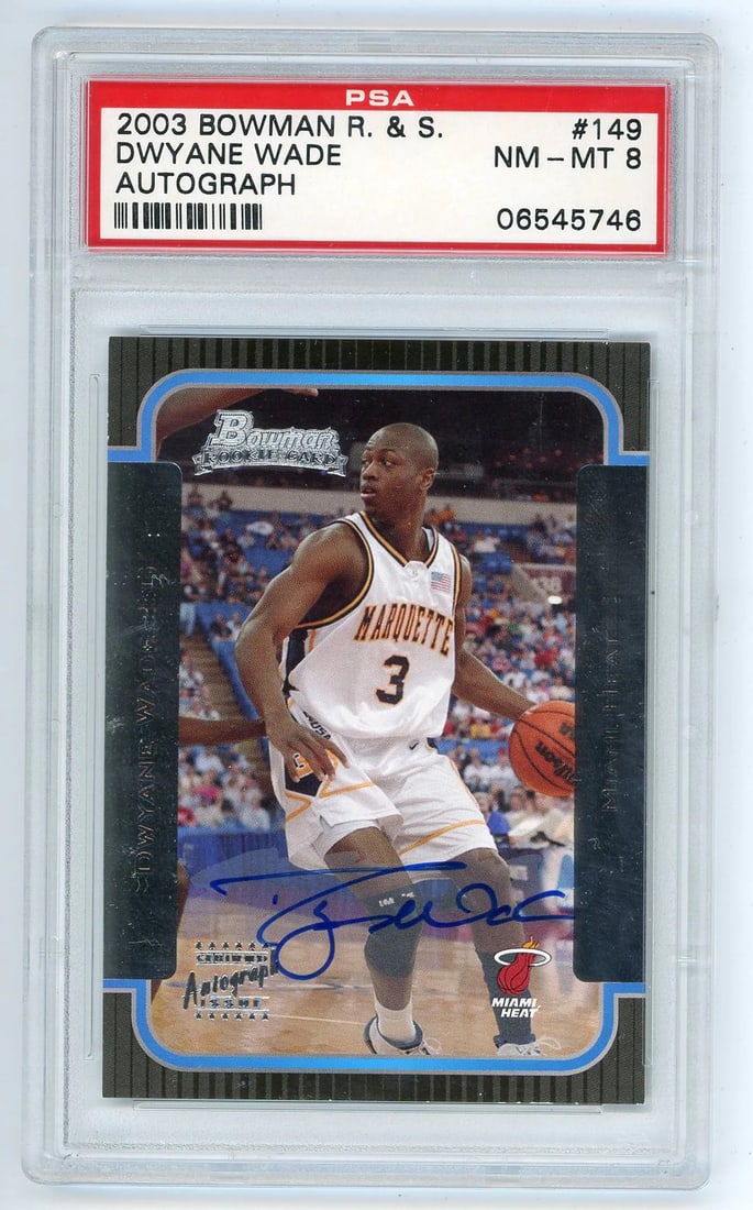 8 Dwyane Wade 2003 Bowman R. & S. Autograph #149 PSA: 8 Dwyane Wade 2003 Bowman R. & S. Autograph #149 PSA Get ready to own a piece of NBA history with this rare 2003 Bowman R & S Autograph card featuring Dwyane Wade, graded PSA 8. As one of the most ico
