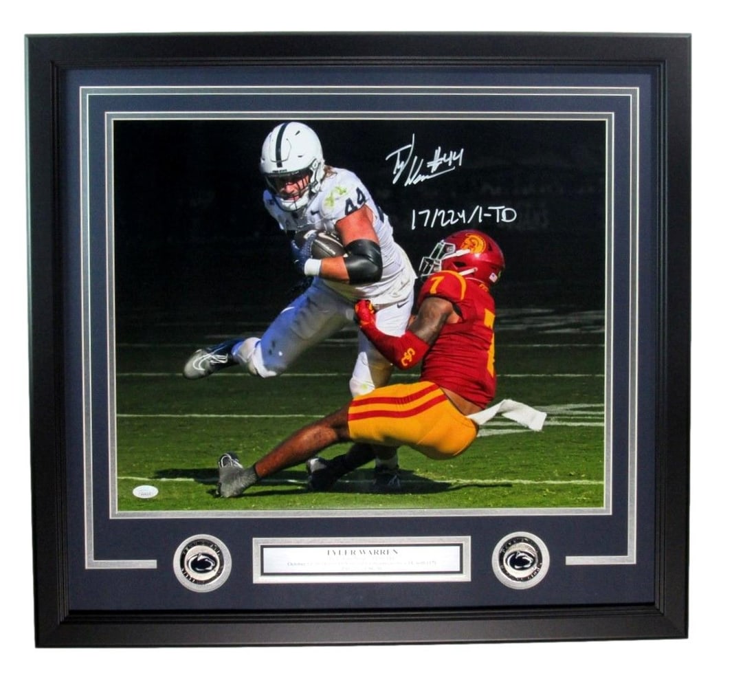 192121 Tyler Warren Signed/ Inscribed 16x20 Photo Penn State vs. USC Framed JSA: 192121 Tyler Warren Signed/ Inscribed 16x20 Photo Penn State vs. USC Framed JSA Get ready to own a piece of sports history with this incredible 16x20 photo of Penn State taking on USC, signed by Tyler