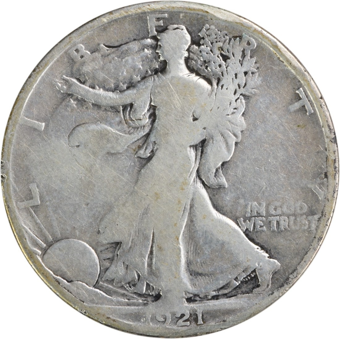 1921-S Walking Liberty Half Dollar - G Uncertified: 1921-S Walking Liberty Half Dollar - G Uncertified A rare and beautiful 1921-S Walking Liberty Half Dollar, certified G uncirculated, boasts stunning design elements from renowned artist Adolph Alexan