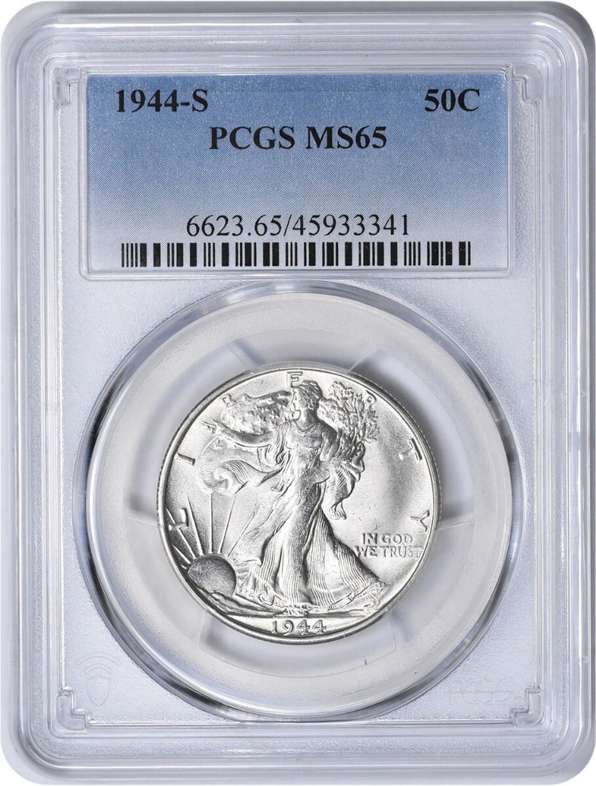 1944-S Walking Liberty Half Dollar MS65 PCGS: 1944-S Walking Liberty Half Dollar MS65 PCGS A rare and highly sought-after 1944-S Walking Liberty Half Dollar, graded MS65 by PCGS, boasts stunning mint state condition with deep, rich details that s