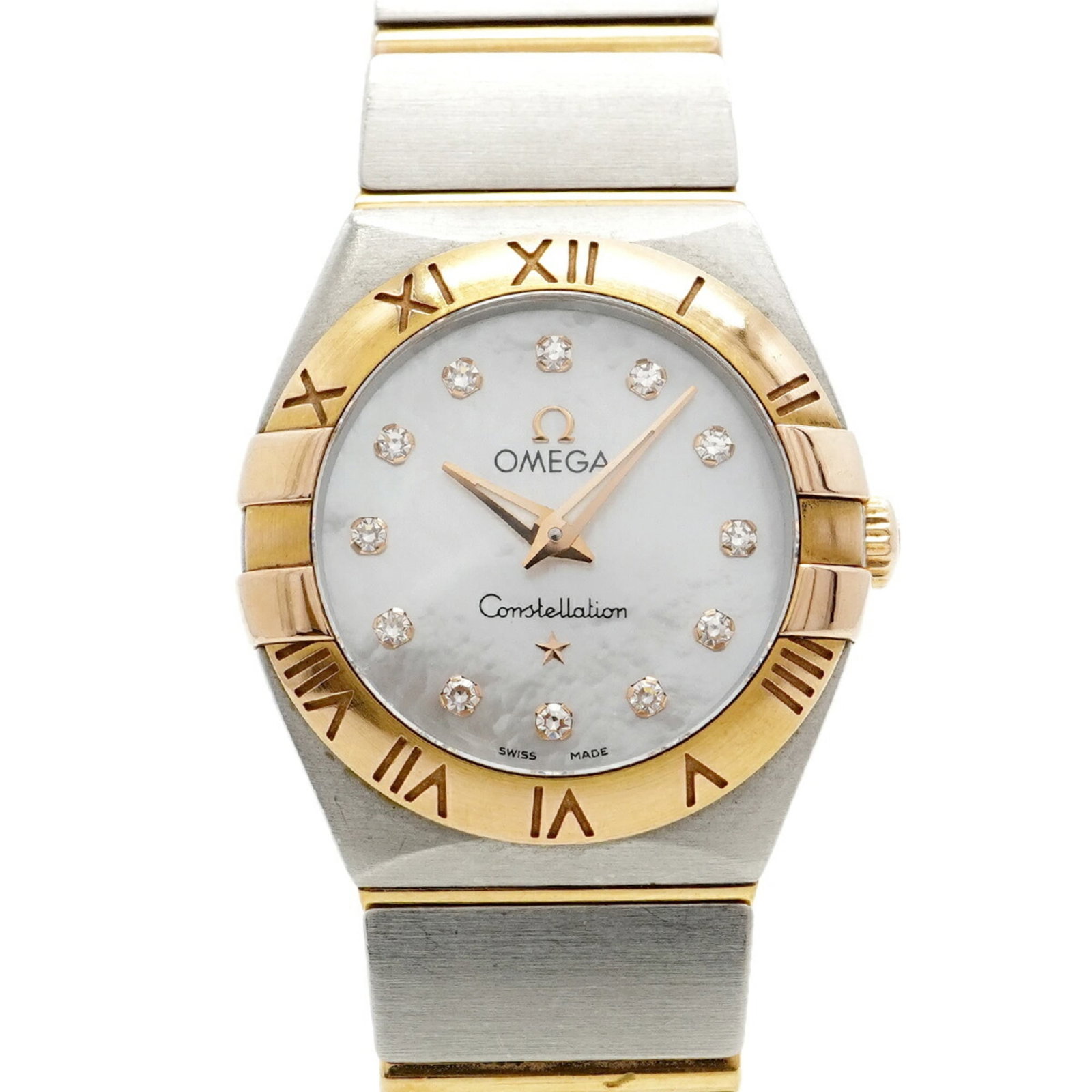 Wristwatch Omega: Wristwatch Omega A stunning women's Omega wristwatch, boasting a sleek 24mm stainless steel case and yellow gold accents, sits atop a white shell dial with subtle hints of wear from previous ownership