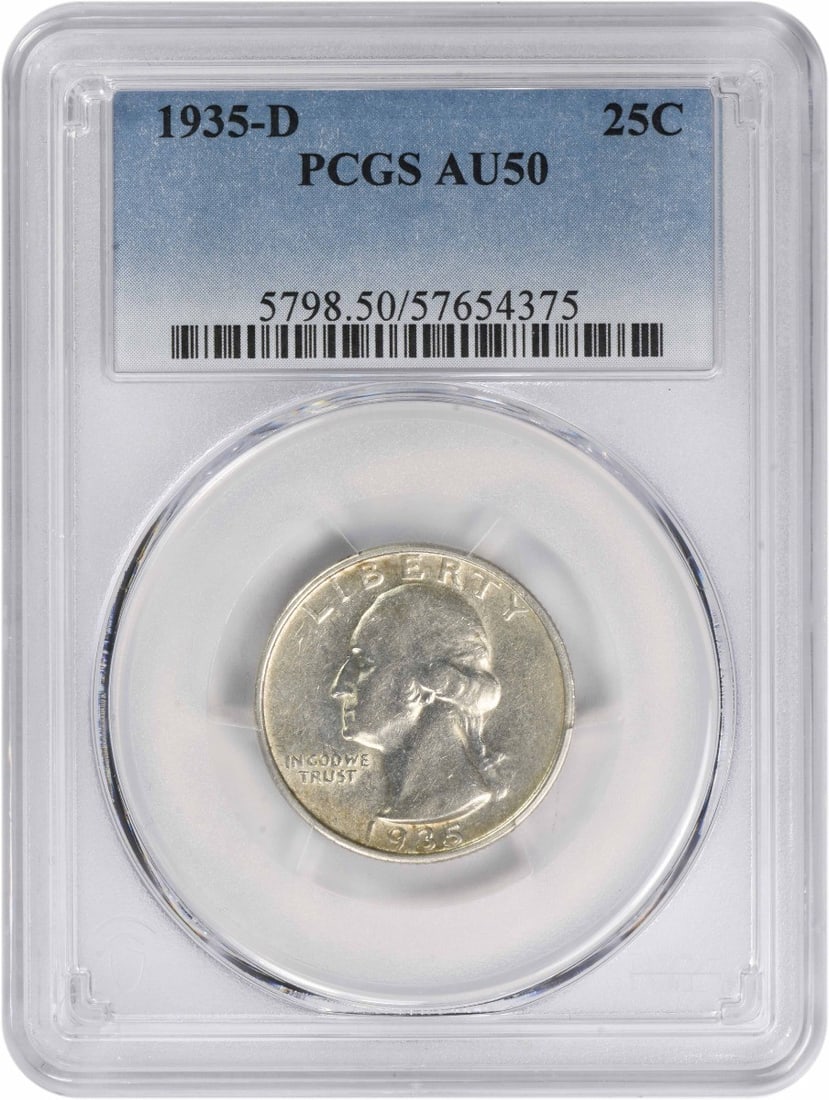 1935-D Washington Quarter - PCGS AU50: 1935-D Washington Quarter - PCGS AU50 Experience the charm of the 1935-D Washington Quarter, certified by PCGS as AU50. With its striking design and rich history, this circulated coin is a rare find f