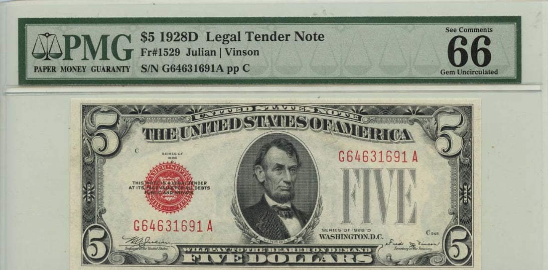 1928D $5 Legal Tender Note Red Seal #1529 PMG Gem66 EPQ: 1928D $5 Legal Tender Note Red Seal #1529 PMG Gem66 EPQ Experience the elegance of the Red Seal $5 bill, featuring a stunning 1928 design with its iconic red seal and vignettes of American history. Th