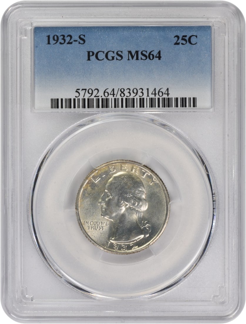 1932-S Washington Quarter MS64 PCGS: 1932-S Washington Quarter MS64 PCGS A rare and beautiful 1932-S Washington Quarter, certified MS64 by PCGS, boasts stunning mint state condition with a rich silver composition and intricate reeded edg