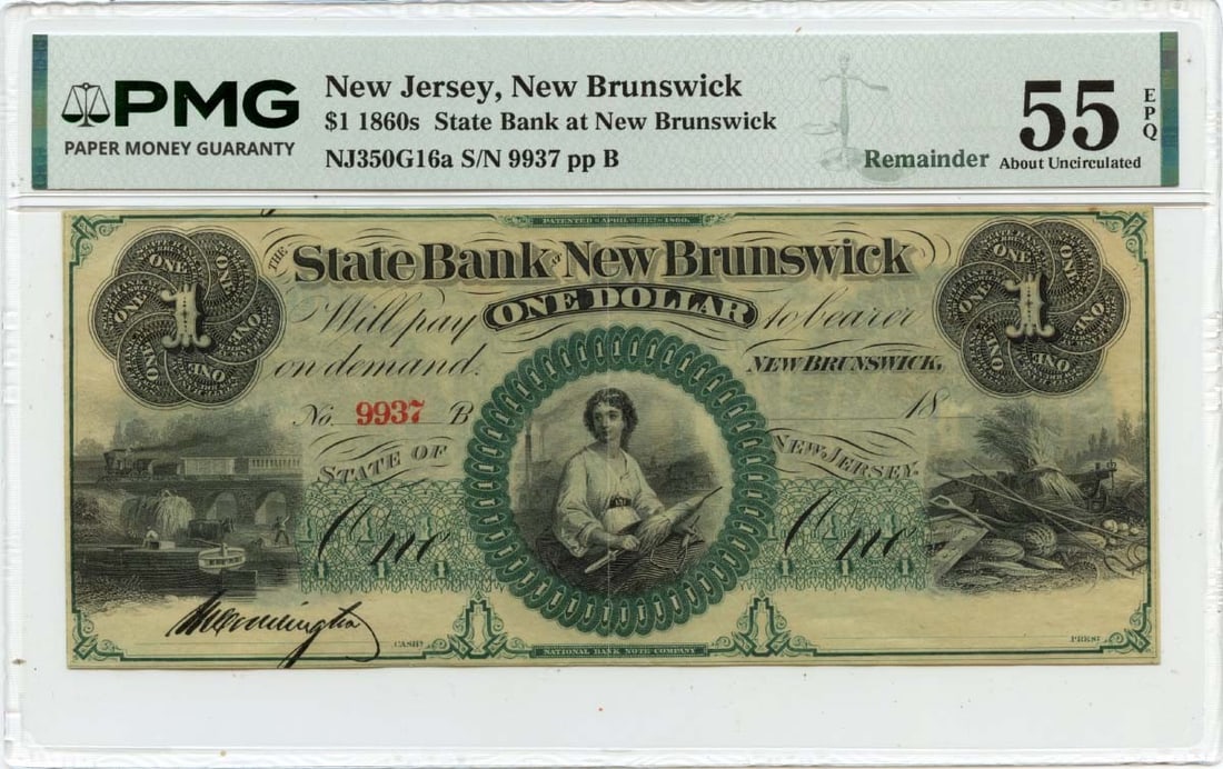 1860s $1 New Brunswick, Jersey Obsolete Note State Bank PMG AU55 EPQ: 1860s $1 New Brunswick, Jersey Obsolete Note State Bank PMG AU55 EPQ A rare and intriguing piece of American financial history, this 1860s $1 New Brunswick, Jersey Obsolete Note is a true treasure for