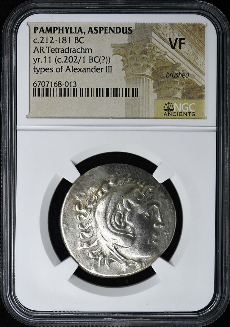 Aspendus Ar Tetradrachm, Pamphylia, 212-181 BC, NGC VF20: Aspendus Ar Tetradrachm, Pamphylia, 212-181 BC, NGC VF20 Experience the rich history of Pamphylia with this stunning Aspendus Ar Tetradrachm, minted in Italy between 212-181 BC. With its NGC certifica