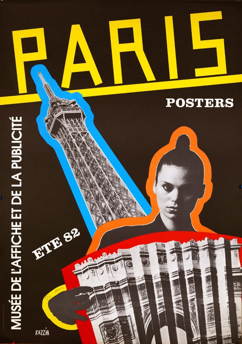 Paris Posters 1982 Original 1St Printing In Serigraphy Razzia: Paris Posters 1982 Original 1St Printing In Serigraphy Razzia A striking Art Deco poster from 1982, 'Paris Posters' showcases the vibrant city of Paris in all its glory, with bold black lines and a