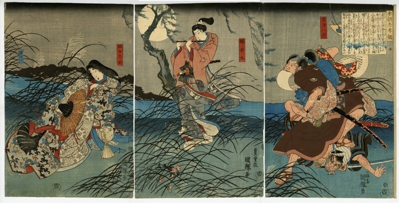 flute Kuniteru woodblock triptych peoplekimonos samurai sword moonlight tree: flute Kuniteru woodblock triptych peoplekimonos samurai sword moonlight tree Unveil the mystique of ancient Japan with this exquisite triptych, showcasing a stunning woodblock design on paper, set aga