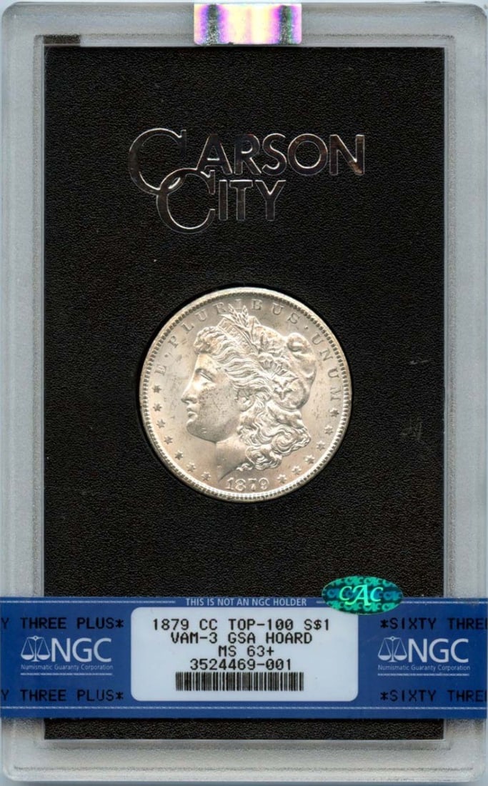 1879 CC Top-100 Morgan Dollar VAM-3 GSA Hoard, NGC MS63+, CAC: 1879 CC Top-100 Morgan Dollar VAM-3 GSA Hoard, NGC MS63+, CAC Experience the rarest of Morgan Dollar hoards with this 1879 CC Top-100 VAM-3, certified by NGC and graded MS63+, featuring stunning detai