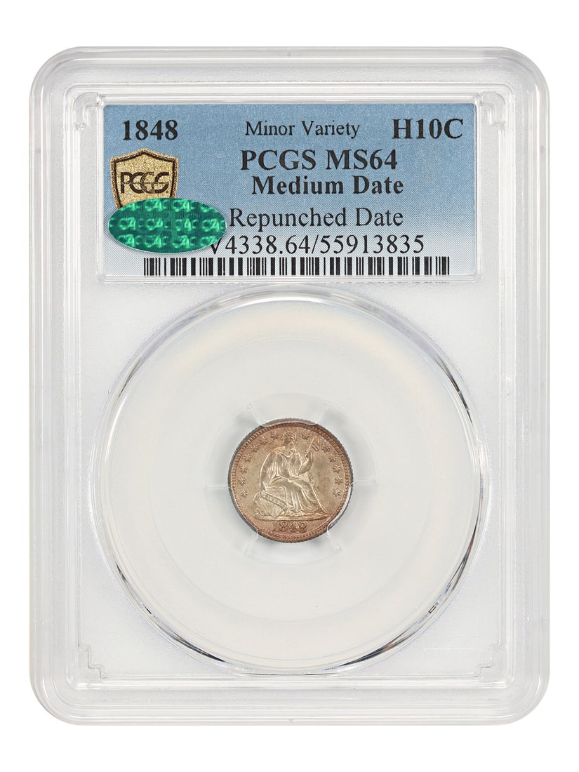 1848 H10C MS64 PCGS/ CAC Liberty Seated Half Dime Medium Date RPD: 1848 H10C MS64 PCGS/ CAC Liberty Seated Half Dime Medium Date RPD Experience the beauty of American numismatics with this stunning 1848 Liberty Seated Half Dime, graded MS64 by PCGS and CAC. As one