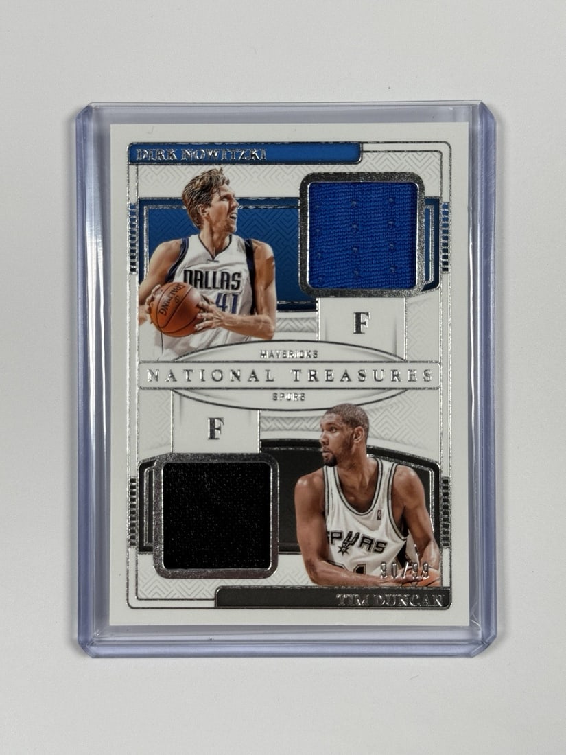 National Treasures Dirk/ Tim Dual Patch 99: National Treasures Dirk/ Tim Dual Patch 99 Get ready to relive the glory days of NBA legends with this highly sought-after 2024-25 National Treasures Patch Card, signed by both Dirk Nowitzki and Tim D