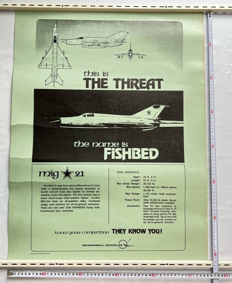 74x5 Vintage Cold War Poster MiG-21 Fishbed Soviet Fighter Jet McDonnell Douglas: 74x5 Vintage Cold War Poster MiG-21 Fishbed Soviet Fighter Jet McDonnell Douglas A rare piece of Cold War history, this vintage poster showcases the iconic MiG-21 Fishbed Soviet fighter jet in strikin