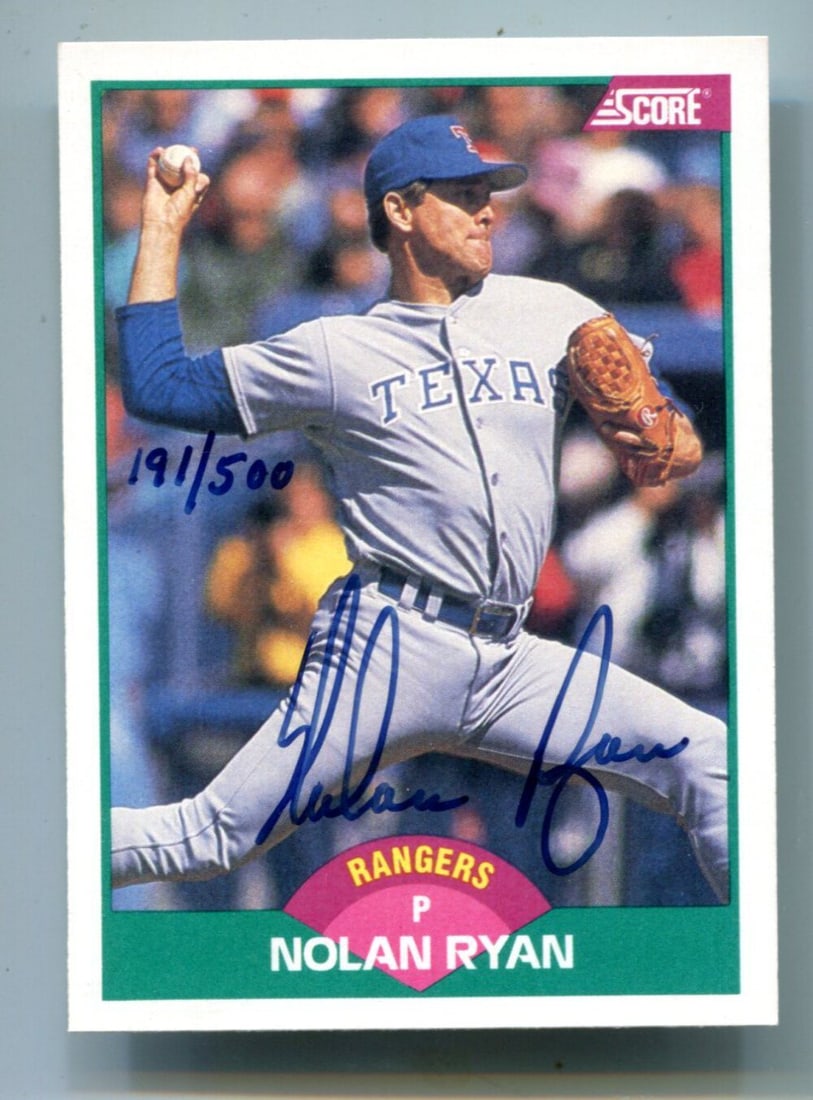 ) Nolan Ryan 1989 Score 2T Autographed Card 191/ 500 (JSA: ) Nolan Ryan 1989 Score 2T Autographed Card 191/ 500 (JSA Get ready to own a piece of baseball history with this rare 1989 Score 2T autographed card featuring the legendary Nolan Ryan. Authenticated b