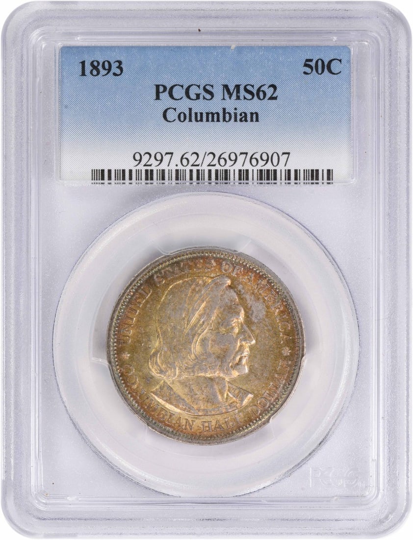 Columbian Commemorative Silver Half Dollar (MS62) - 1893 PCGS Toned: Columbian Commemorative Silver Half Dollar (MS62) - 1893 PCGS Toned Experience the rich history of America's 1893 Commemorative Silver Half Dollar, graded MS62 by PCGS and boasting a beautiful toned f